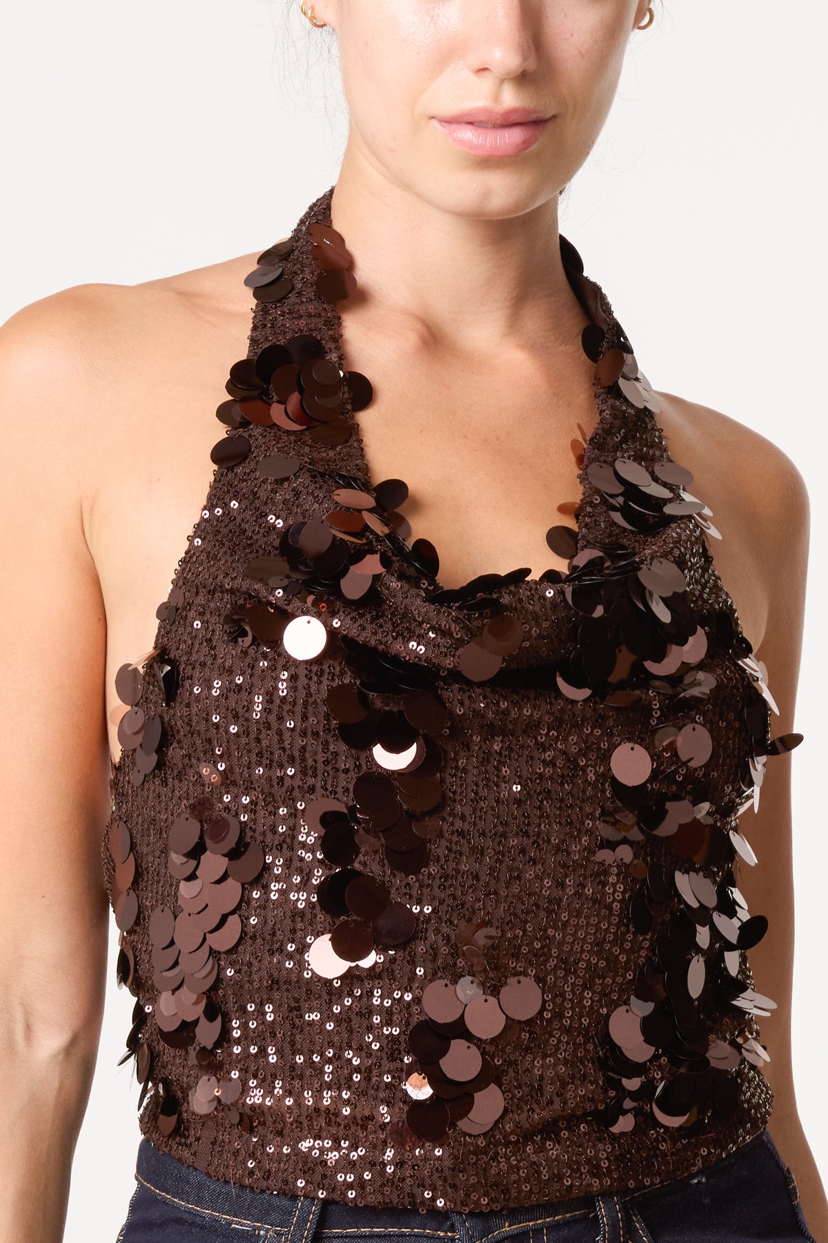 Cowl Neck Disco Sequin Halterneck Top