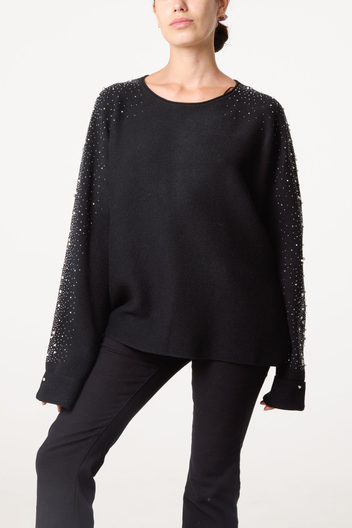 Embellished Sleeve Round Neck Knit Jumper