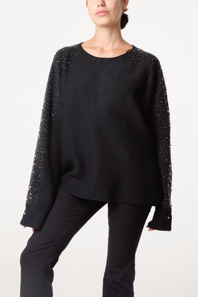 Embellished Sleeve Round Neck Knit Jumper