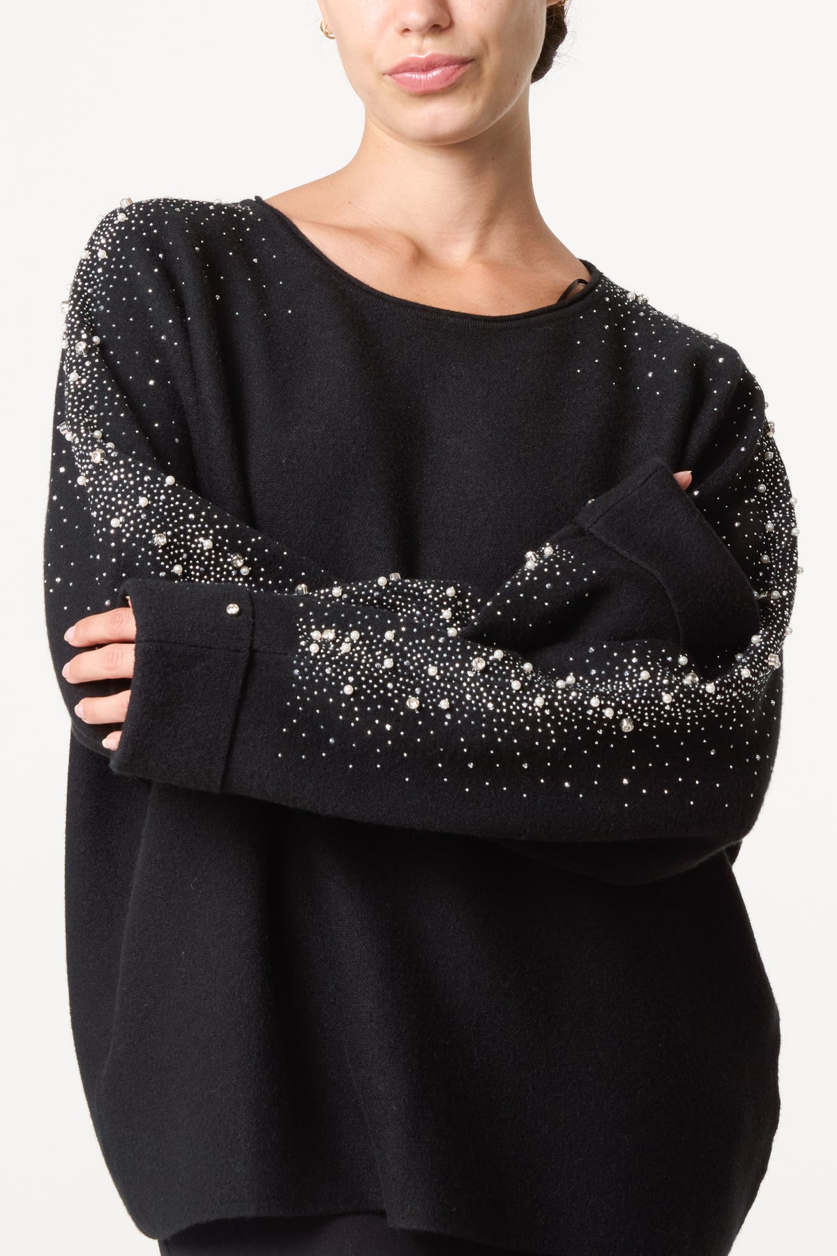 Embellished Sleeve Round Neck Knit Jumper