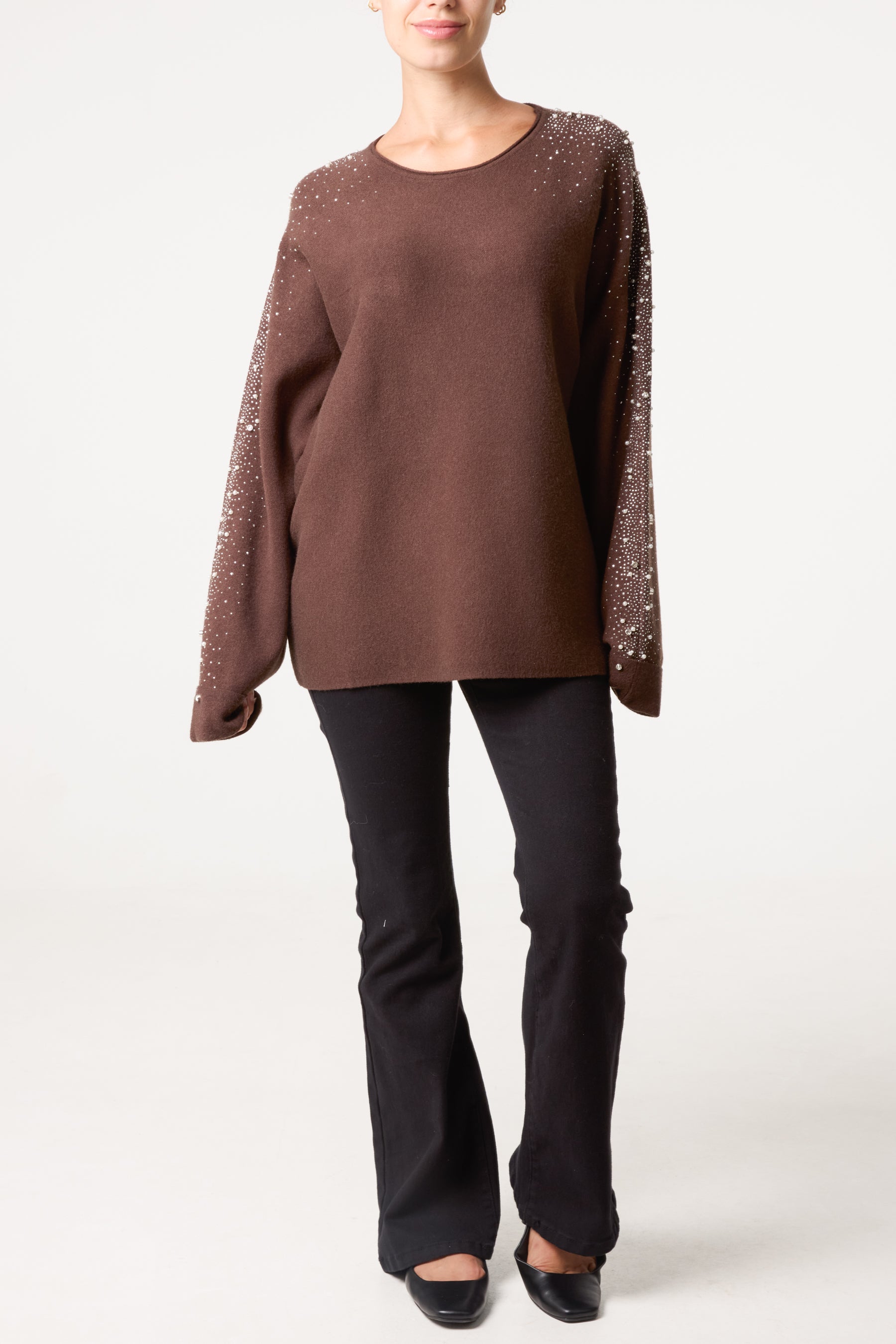 Embellished Sleeve Round Neck Knit Jumper