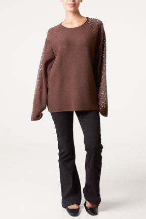 Embellished Sleeve Round Neck Knit Jumper