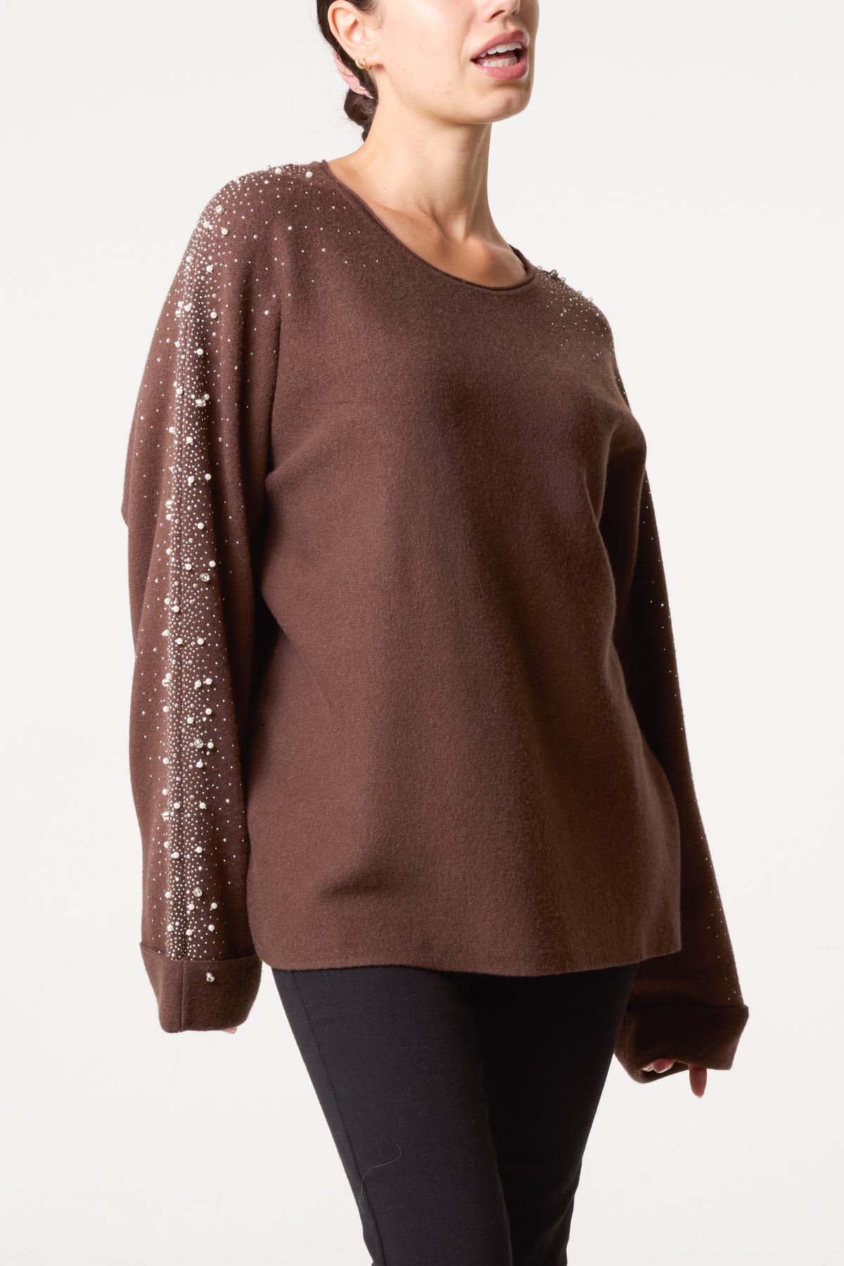 Embellished Sleeve Round Neck Knit Jumper