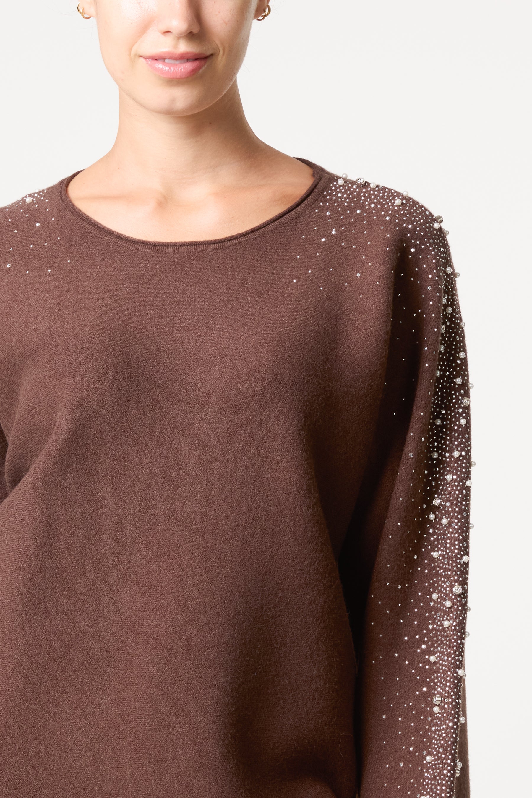 Embellished Sleeve Round Neck Knit Jumper