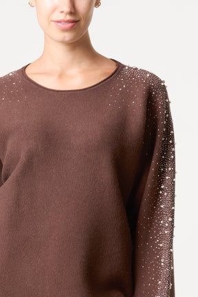 Embellished Sleeve Round Neck Knit Jumper