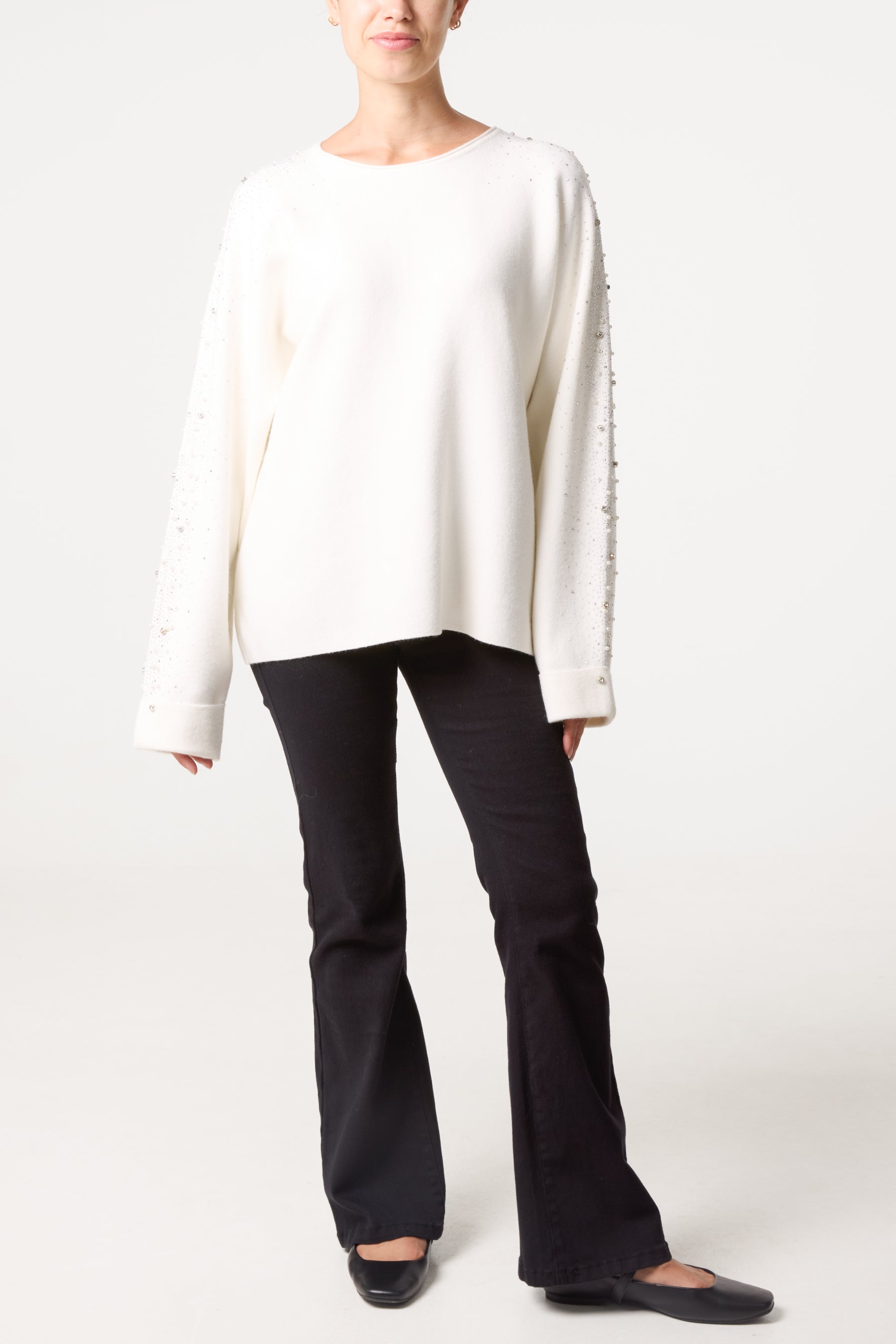 Embellished Sleeve Round Neck Knit Jumper