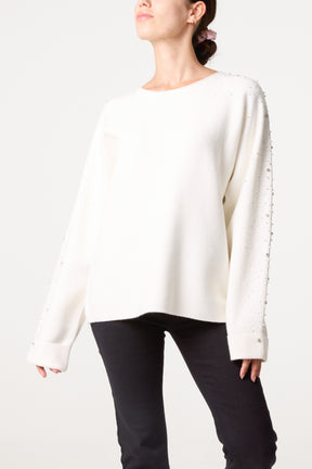 Embellished Sleeve Round Neck Knit Jumper