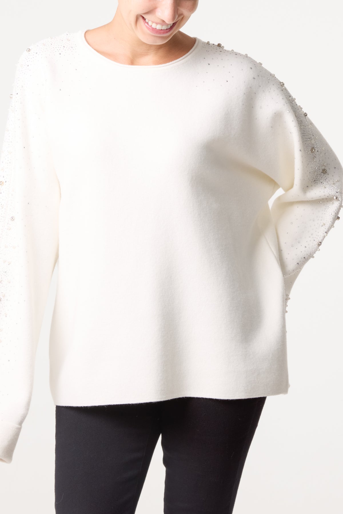 Embellished Sleeve Round Neck Knit Jumper
