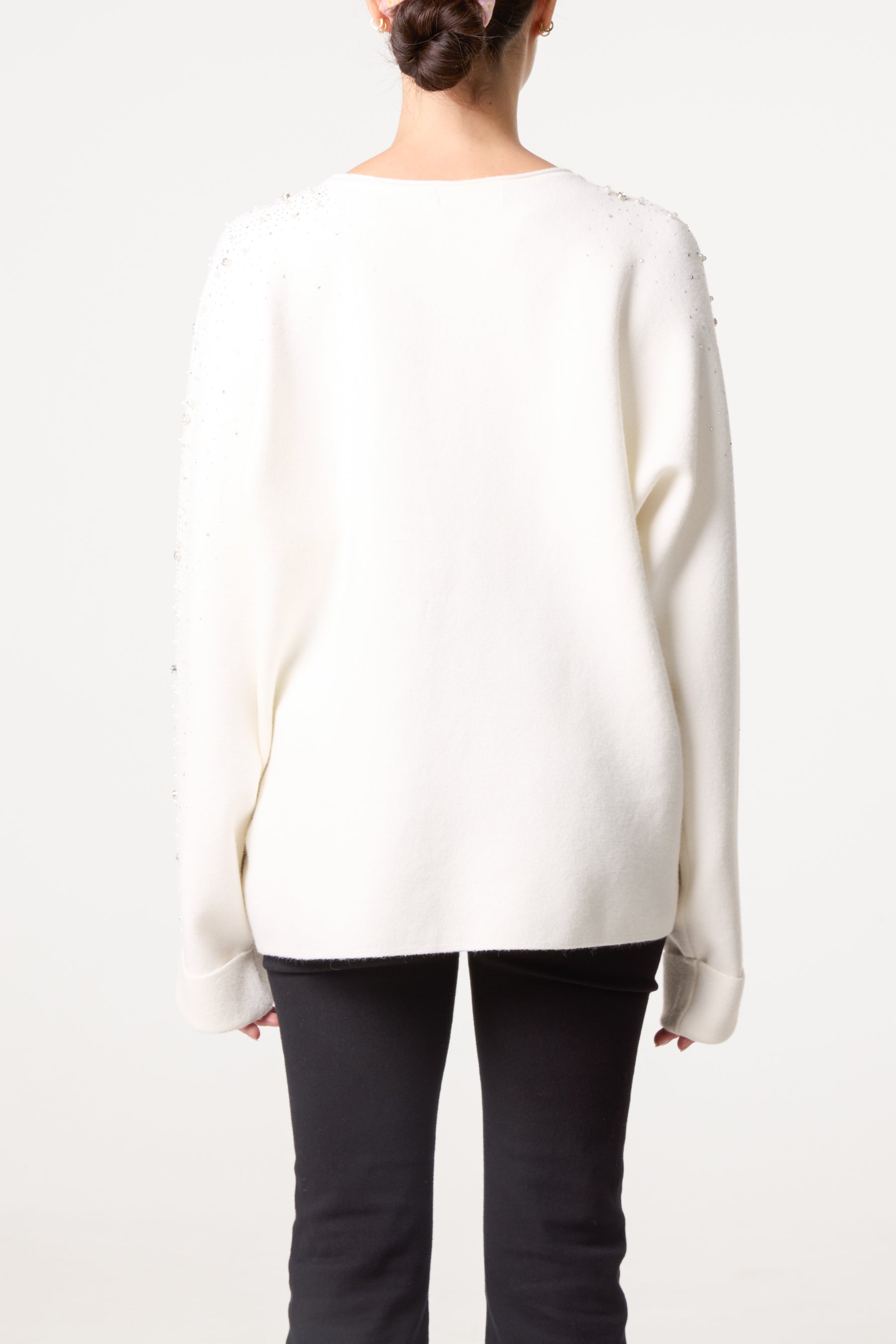 Embellished Sleeve Round Neck Knit Jumper