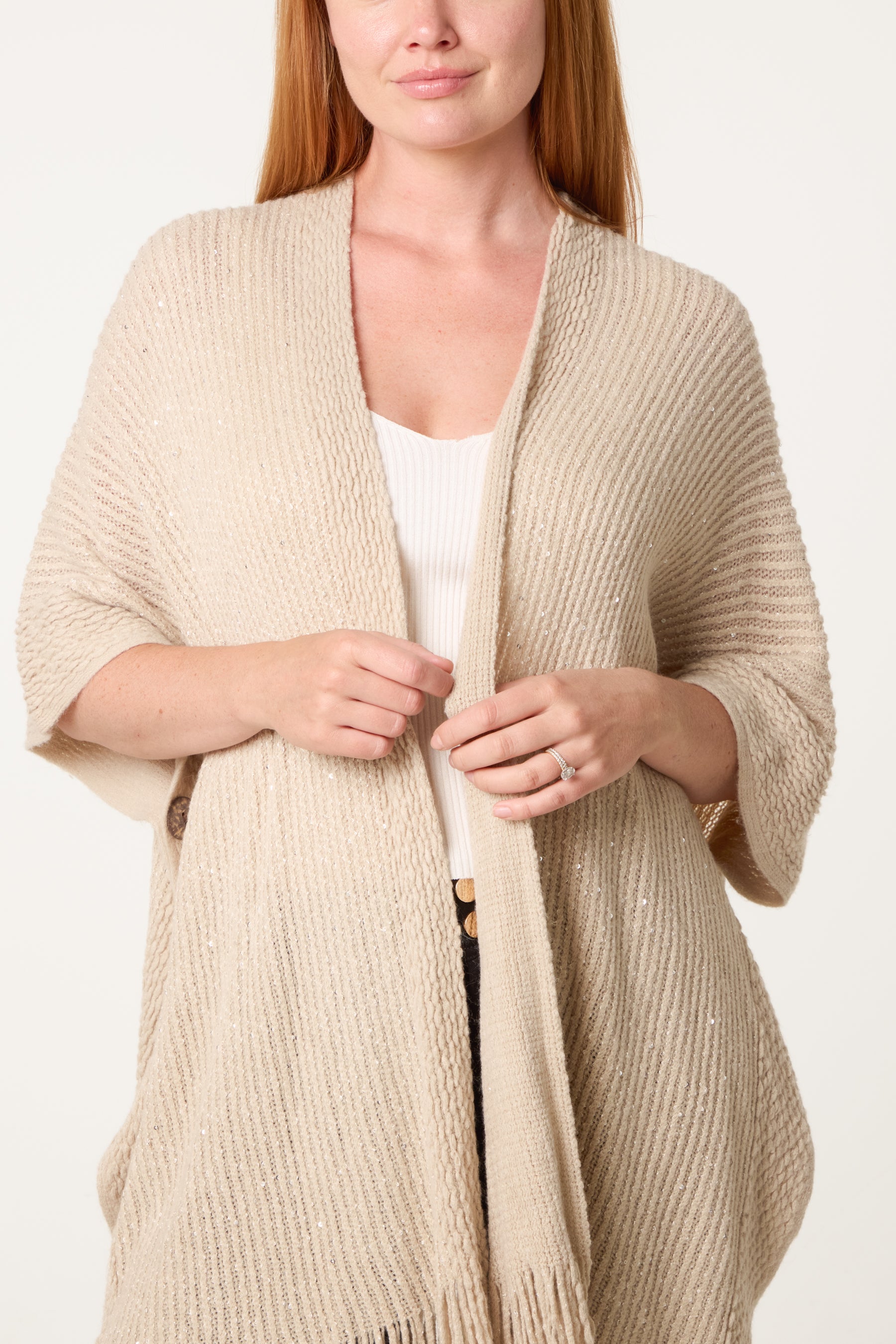 Sequined Fringe Knitted Cape