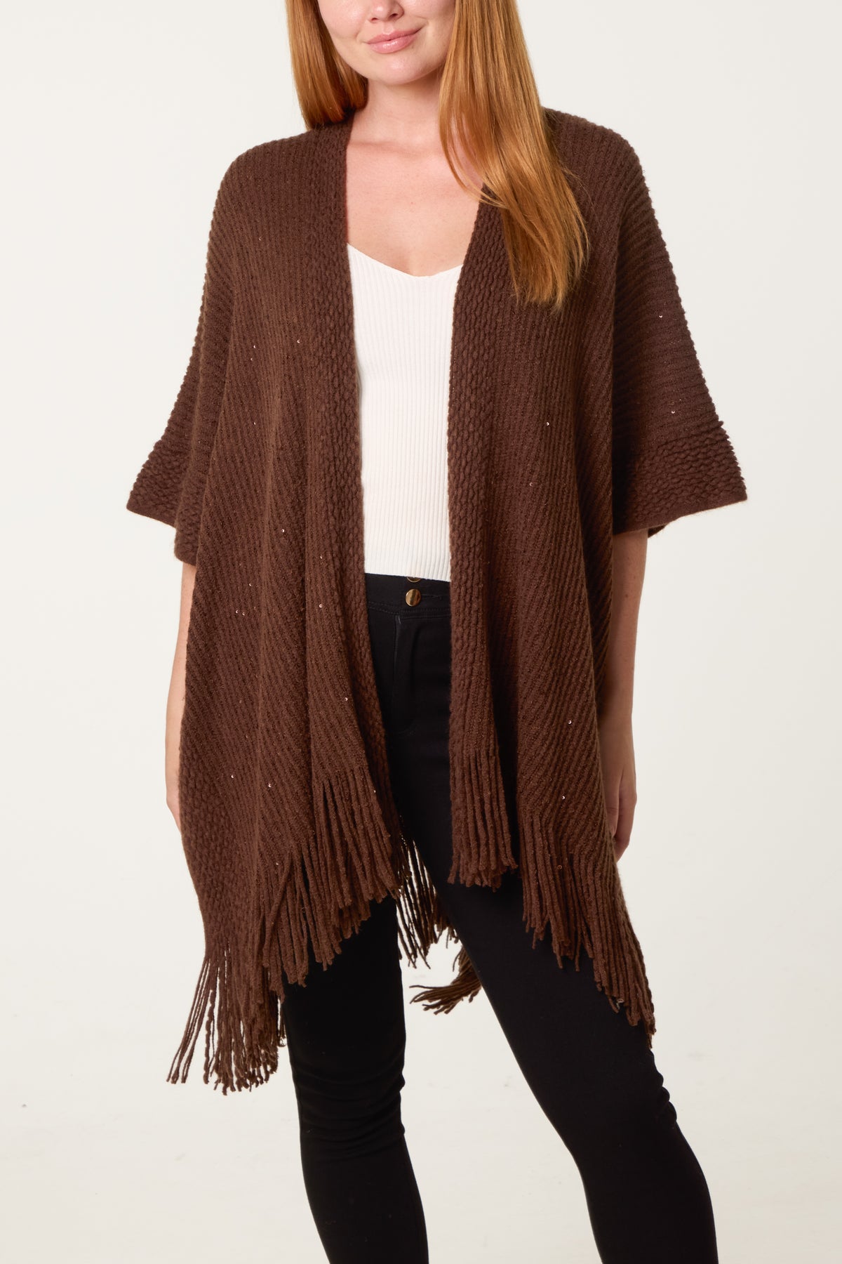 Sequined Fringe Knitted Cape