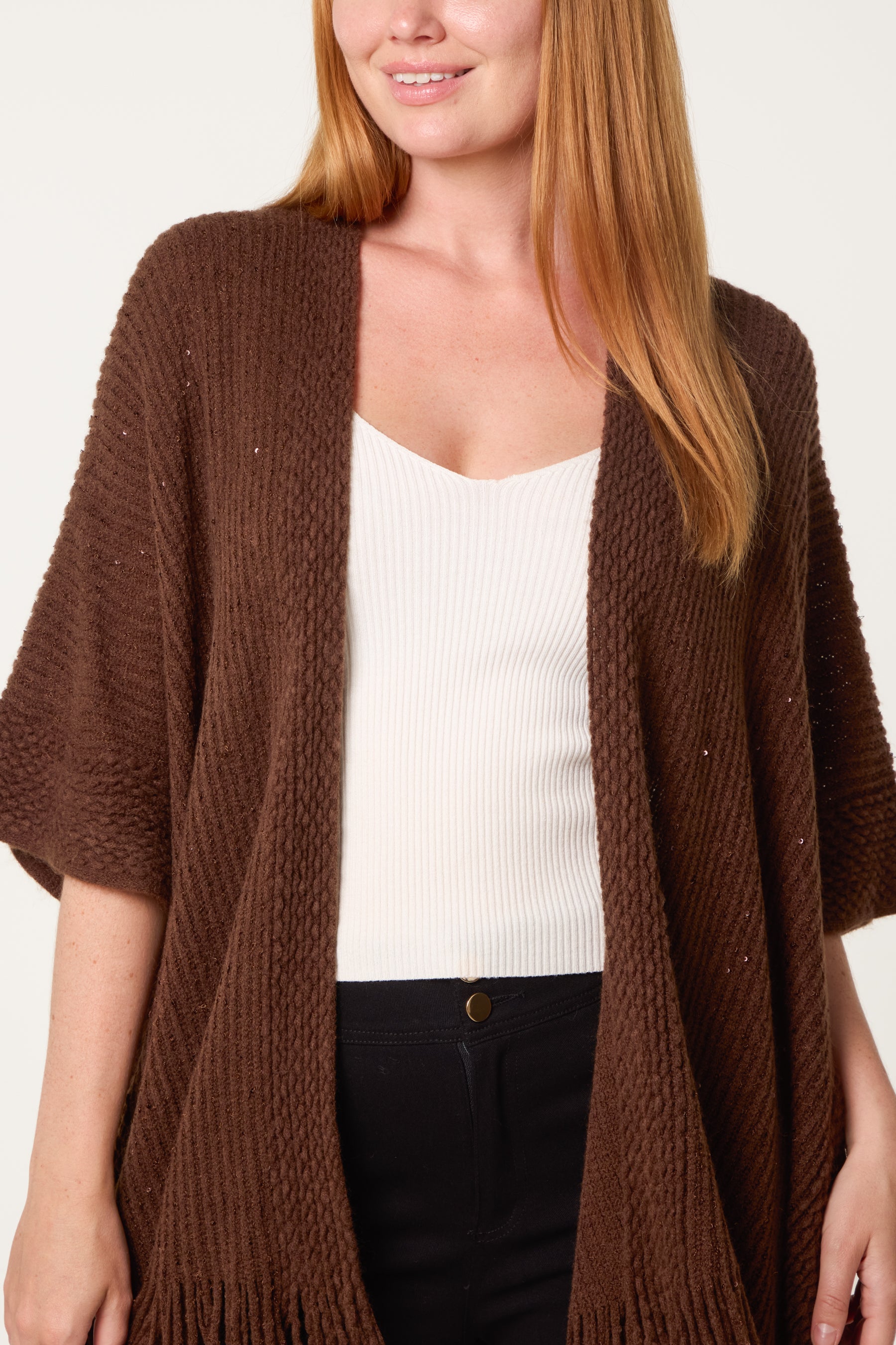 Sequined Fringe Knitted Cape