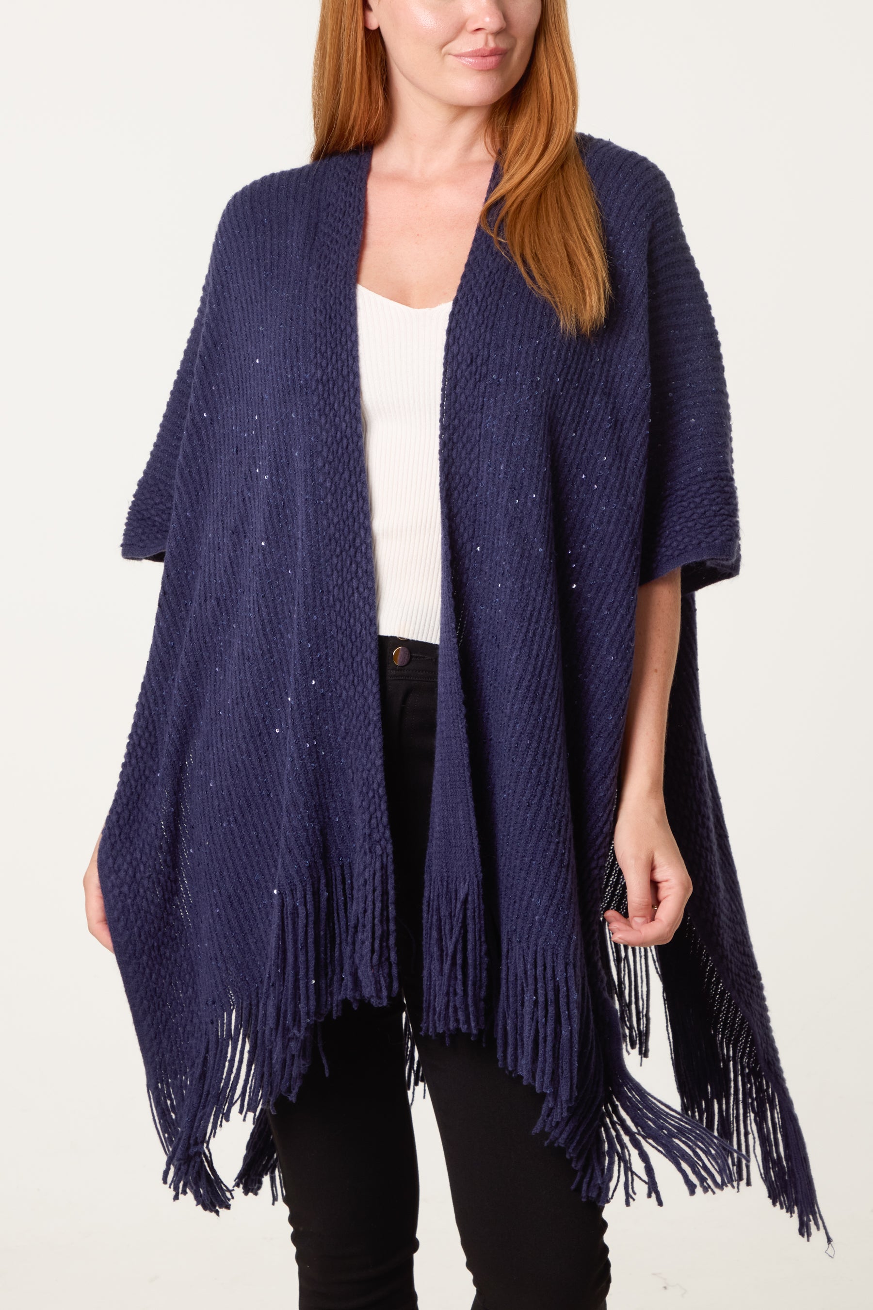 Sequined Fringe Knitted Cape