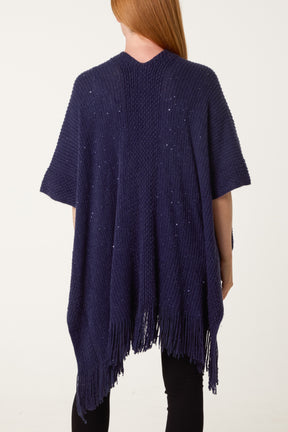 Sequined Fringe Knitted Cape
