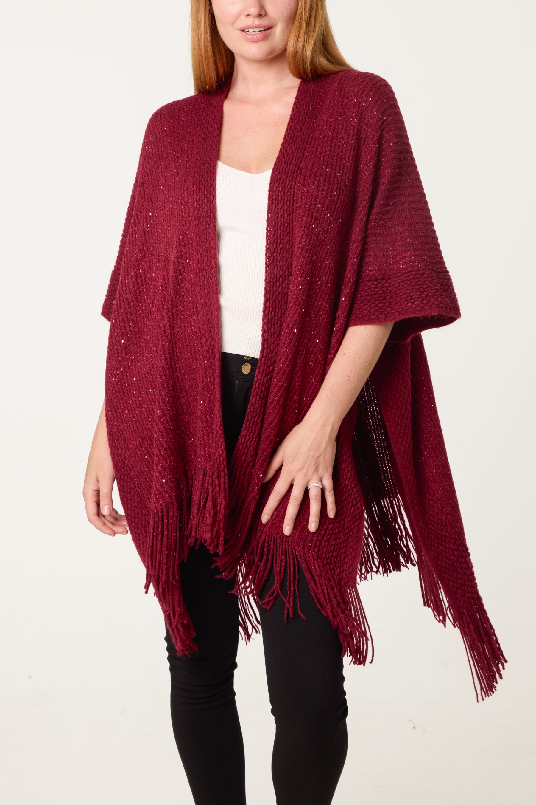 Sequined Fringe Knitted Cape