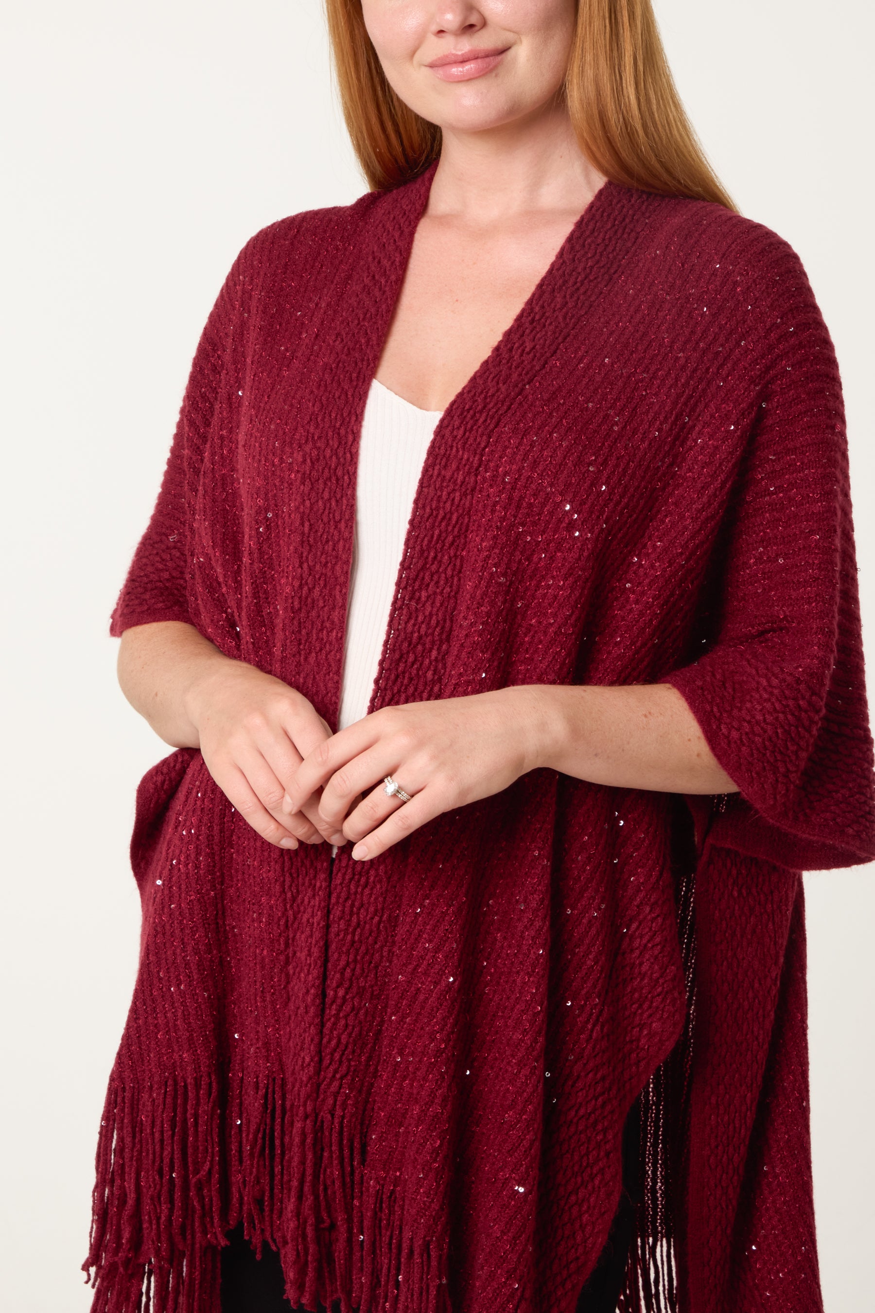 Sequined Fringe Knitted Cape