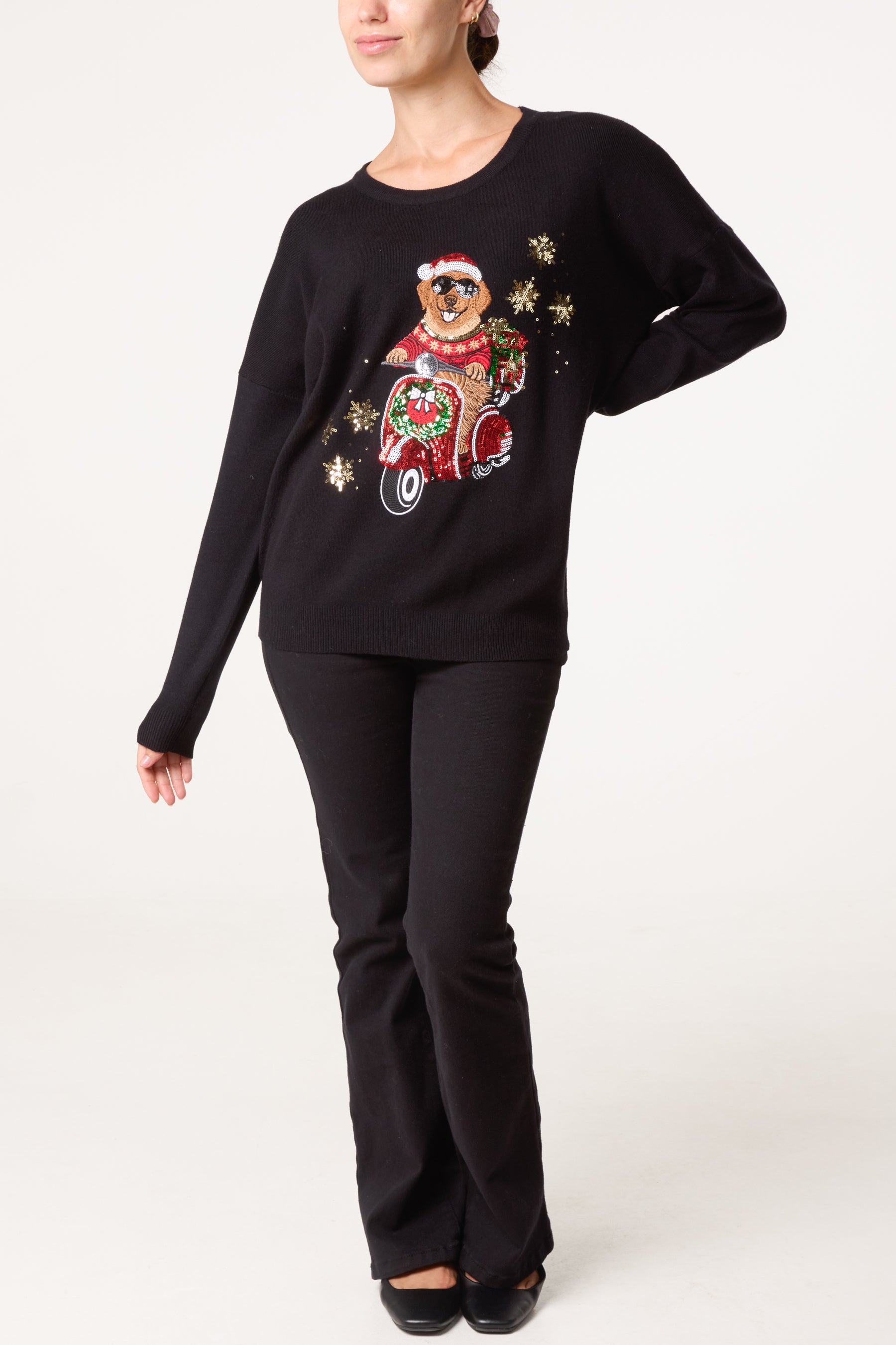 Christmas Sequin Applique Cool Scooter Dog Jumper