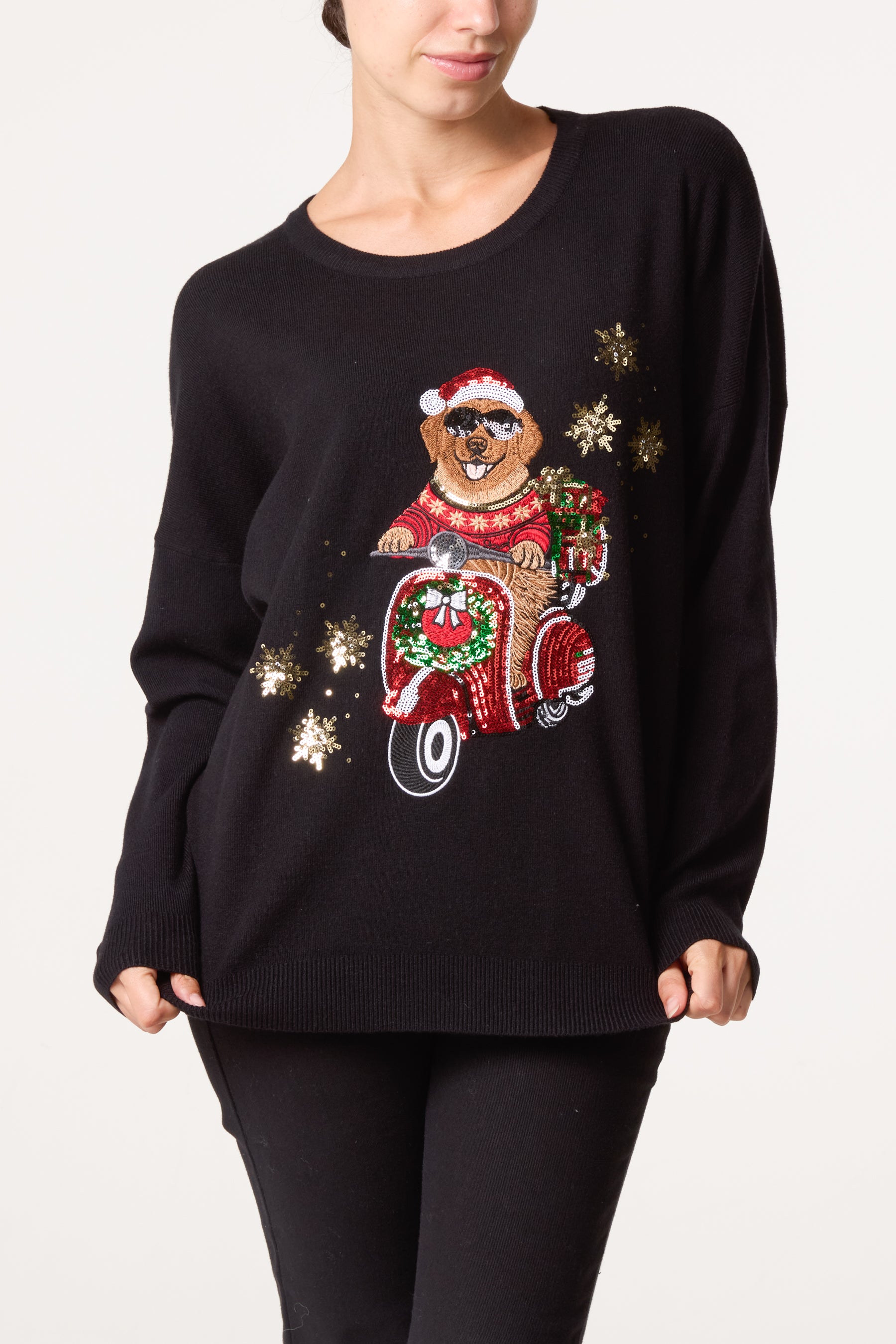 Christmas Sequin Applique Cool Scooter Dog Jumper