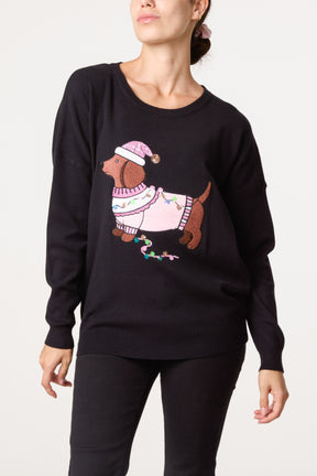 Sequin Detail Christmas Dachshund Jumper