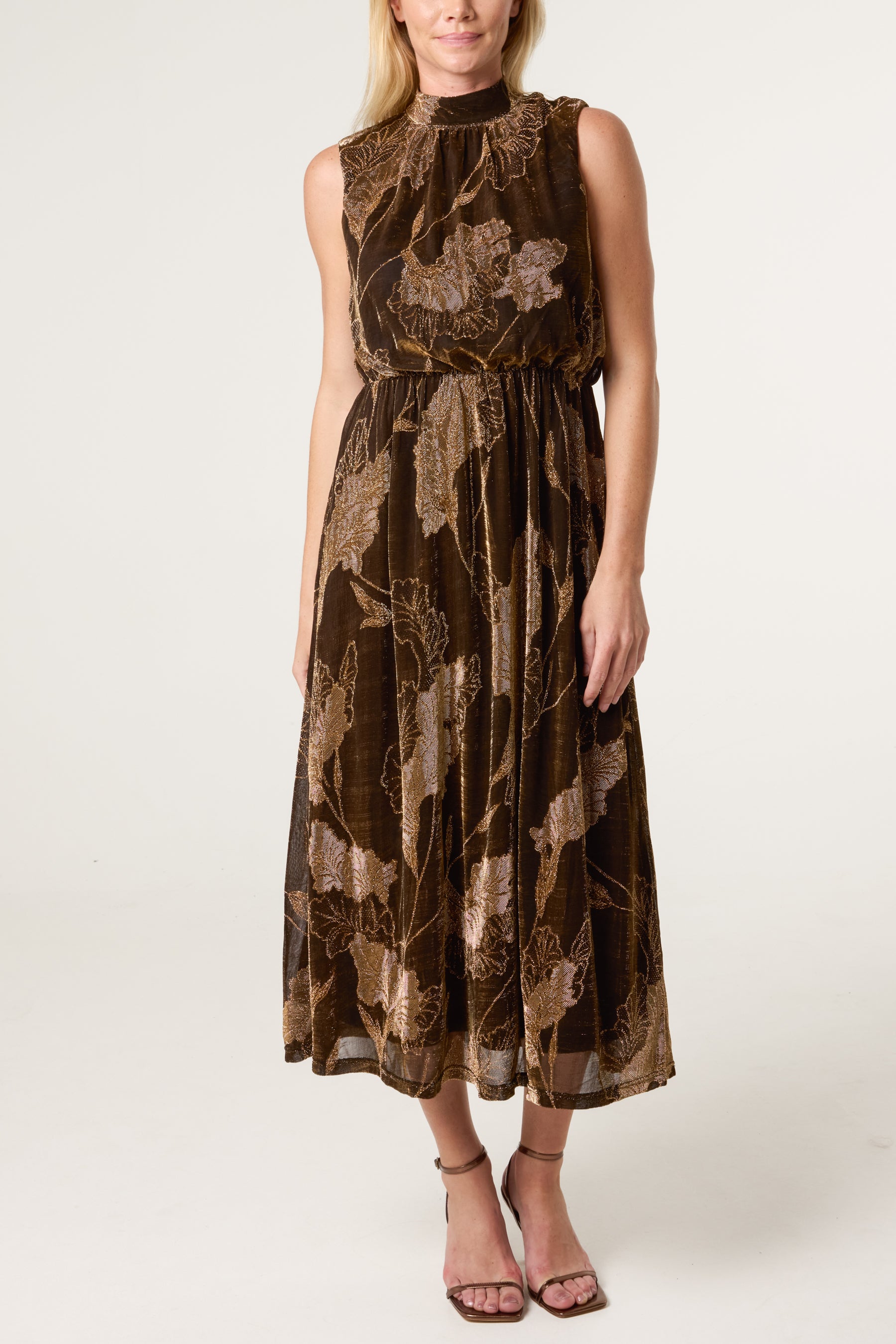 High Neck Jacquard Midi Dress