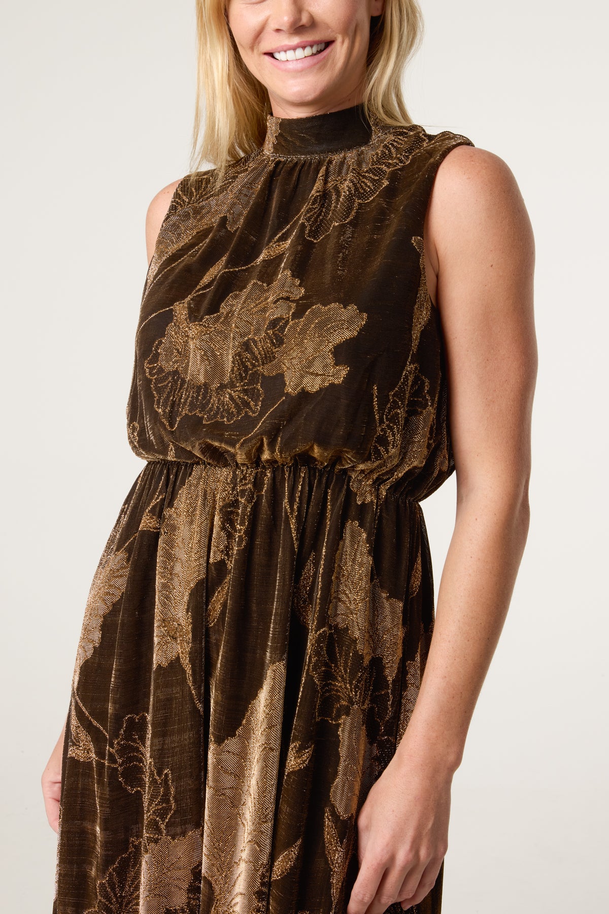 High Neck Jacquard Midi Dress