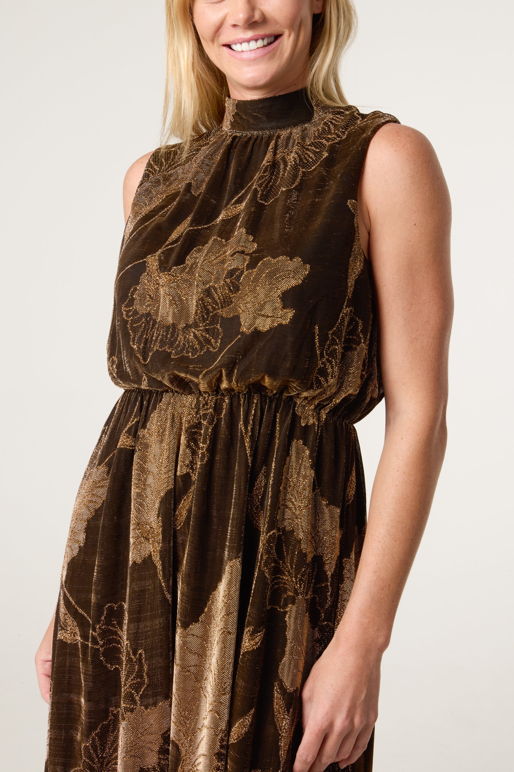 High Neck Jacquard Midi Dress
