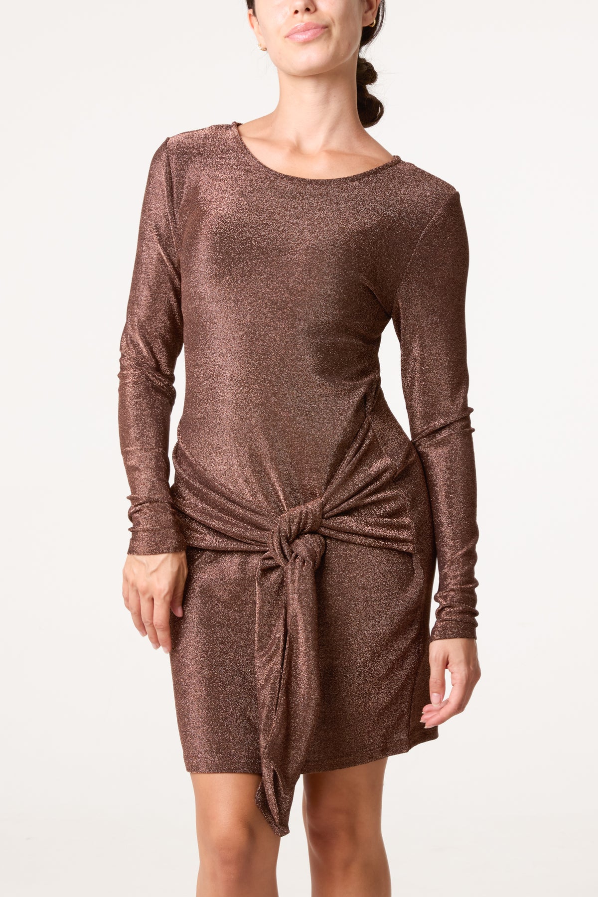 Slinky Metallic Tie Front Mini Dress