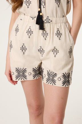 Boho Embroidered Linen Blend Shorts