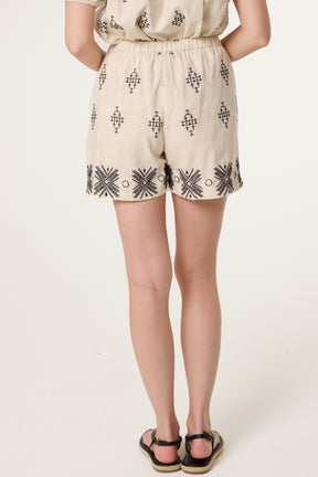 Boho Embroidered Linen Blend Shorts