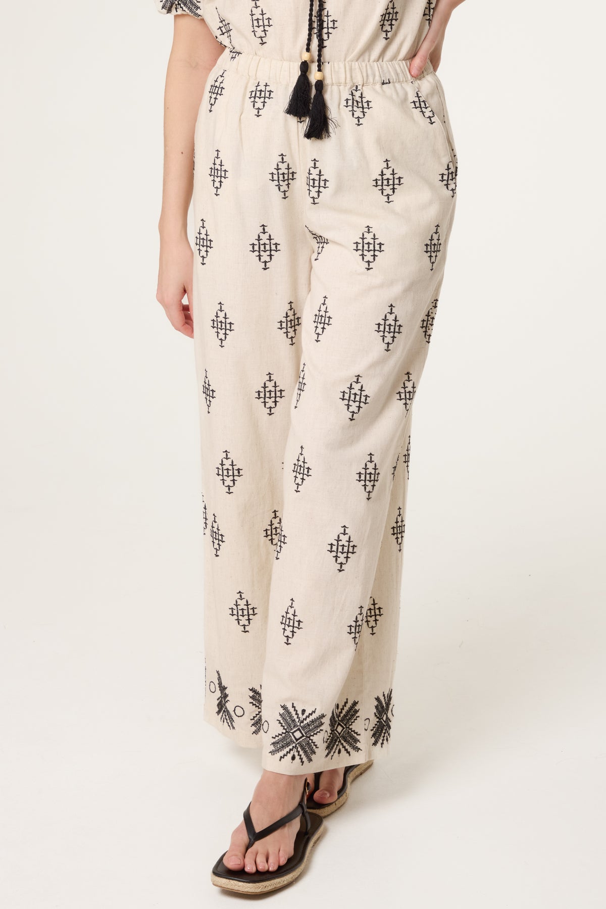 Boho Embroidered Linen Blend Trousers