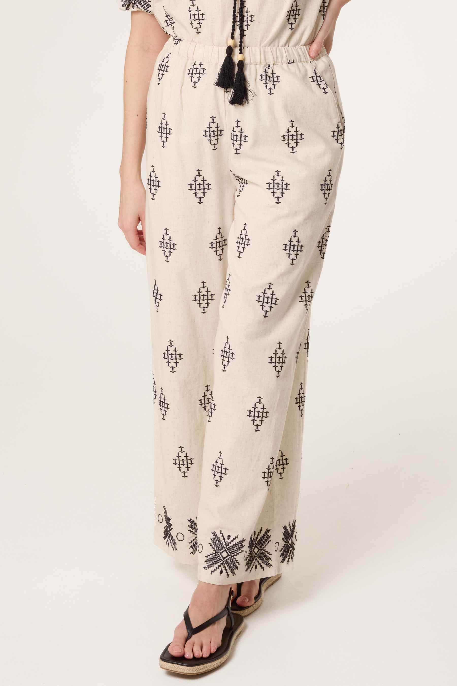 Boho Embroidered Linen Blend Trousers