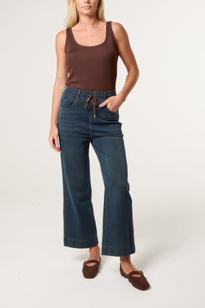 Elastic Waist Brown String Jeans