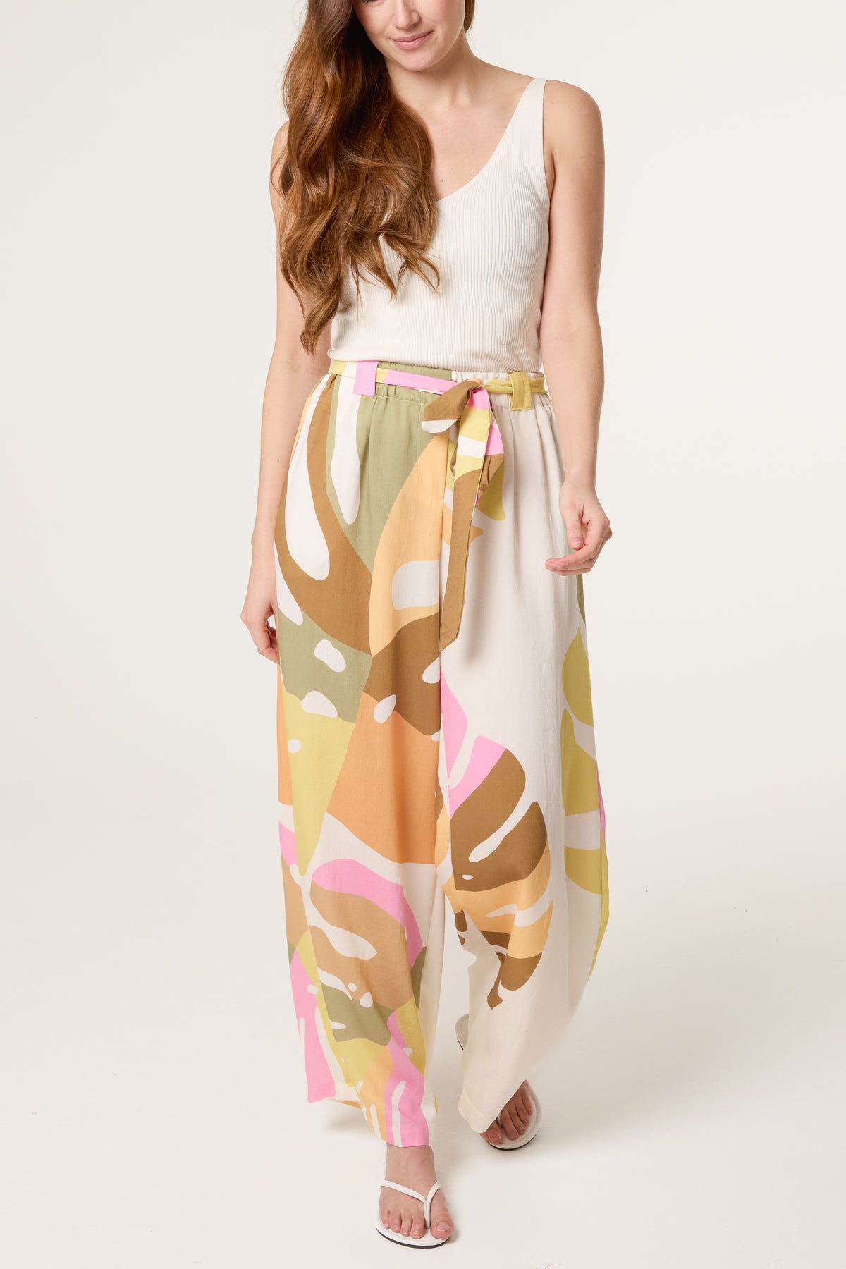 Abstract Leaf Belted Wide Leg Trouser