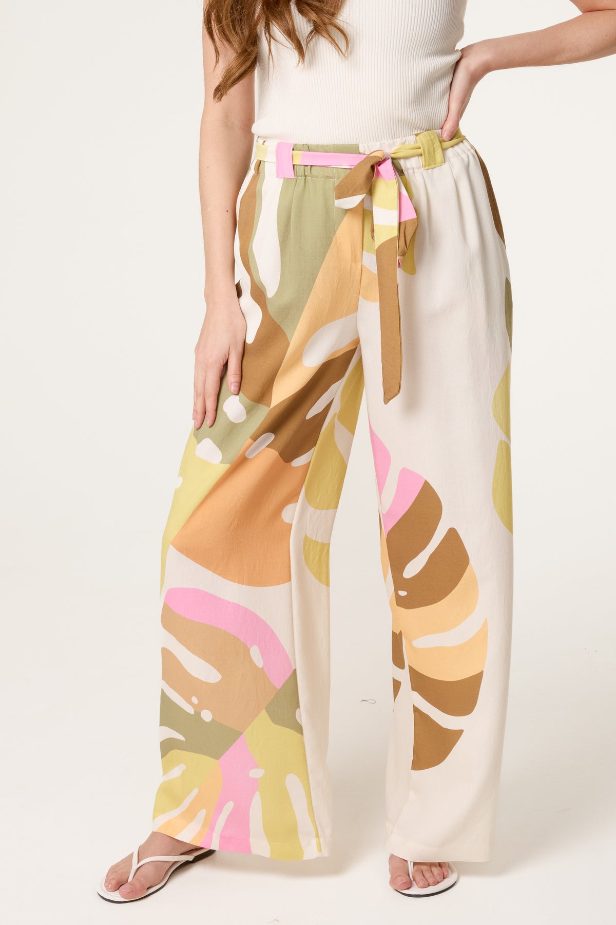 Abstract Leaf Belted Wide Leg Trouser