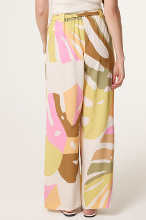Abstract Leaf Belted Wide Leg Trouser