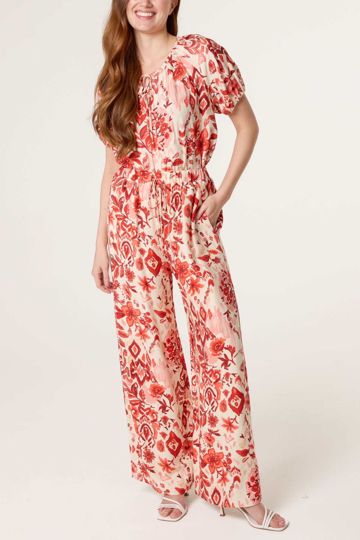 Abstract Floral Elastic Wide Trousers