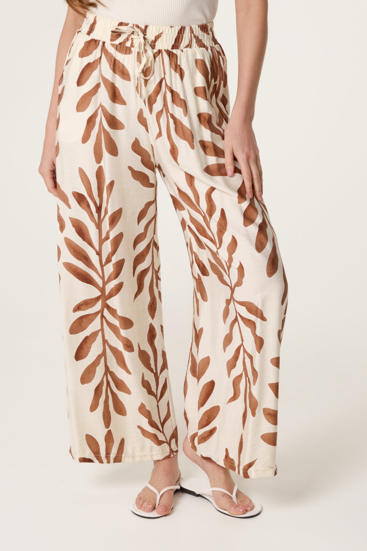 Leaf Print Wide Leg Trousers