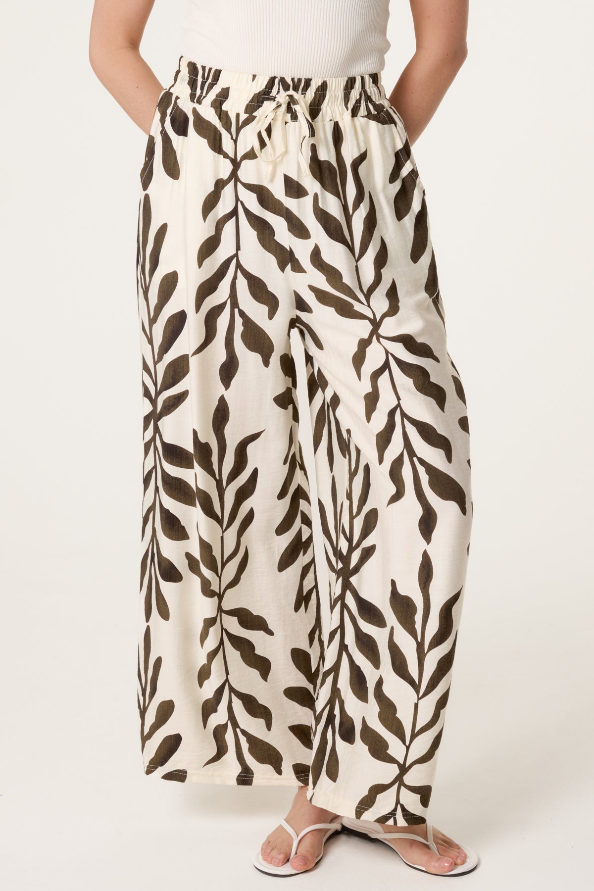 Leaf Print Wide Leg Trousers