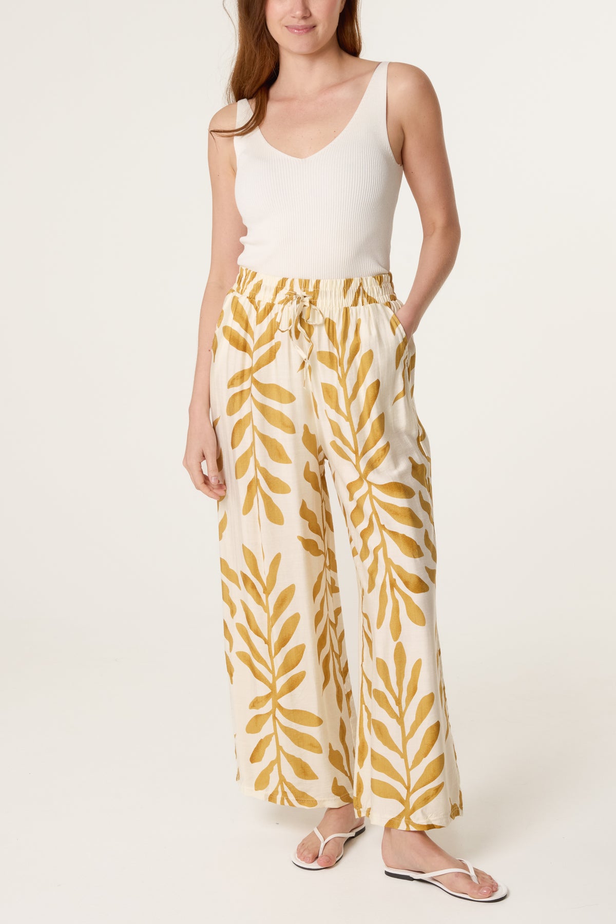 Leaf Print Wide Leg Trousers
