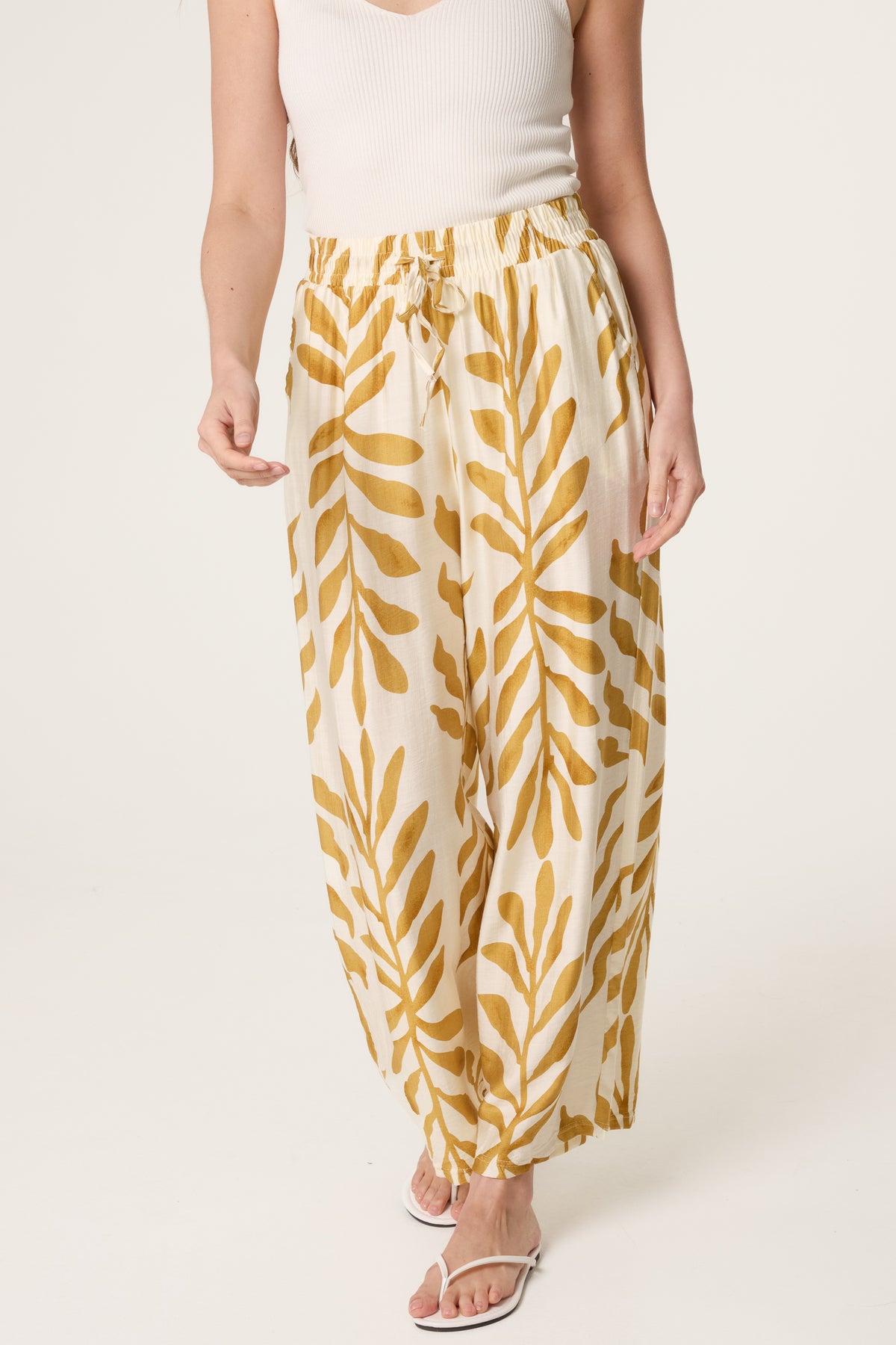 Leaf Print Wide Leg Trousers