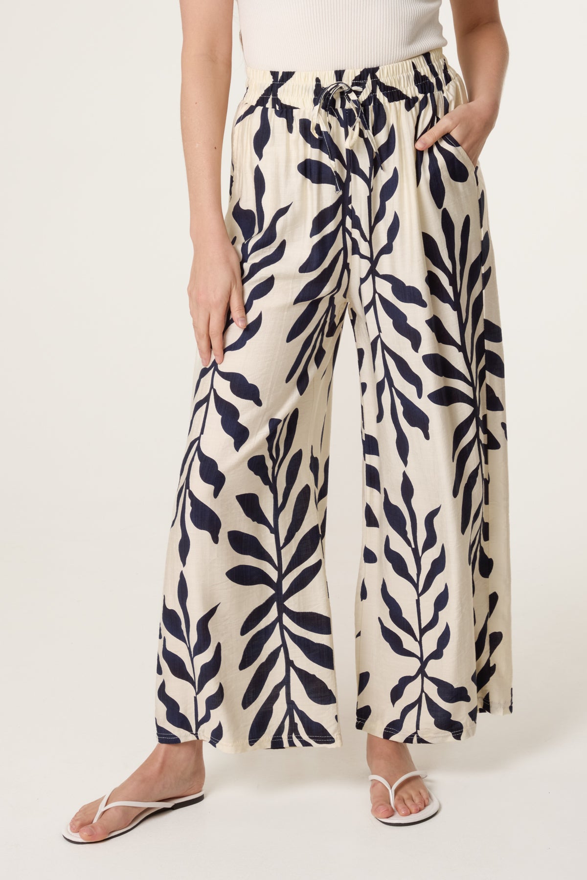 Leaf Print Wide Leg Trousers