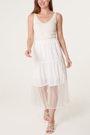 Lace Trim Tiered Midi Skirt