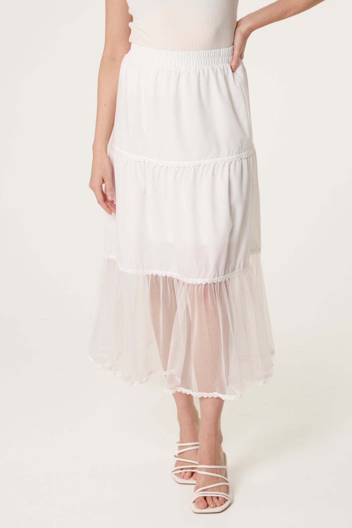 Lace Trim Tiered Midi Skirt