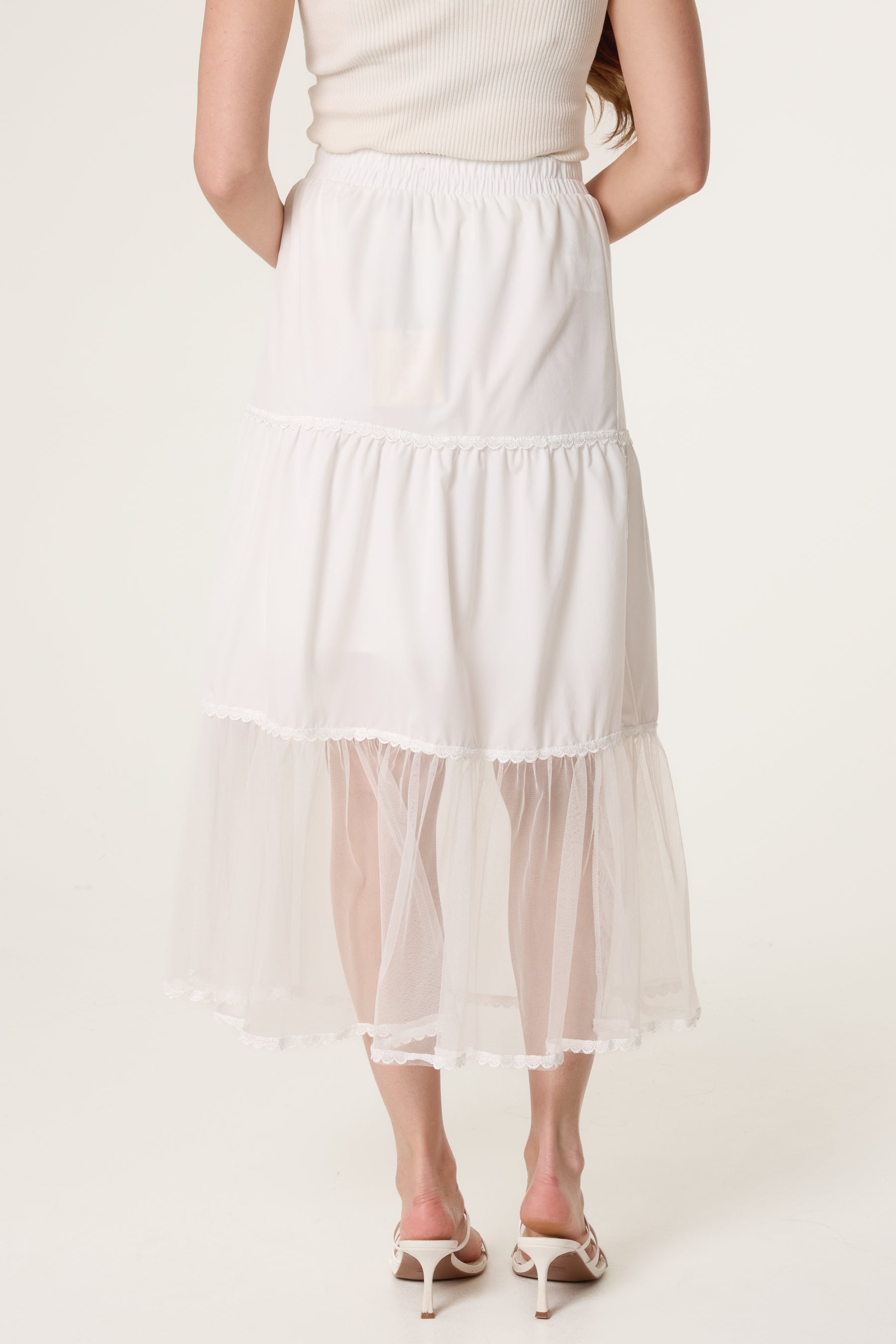 Lace Trim Tiered Midi Skirt