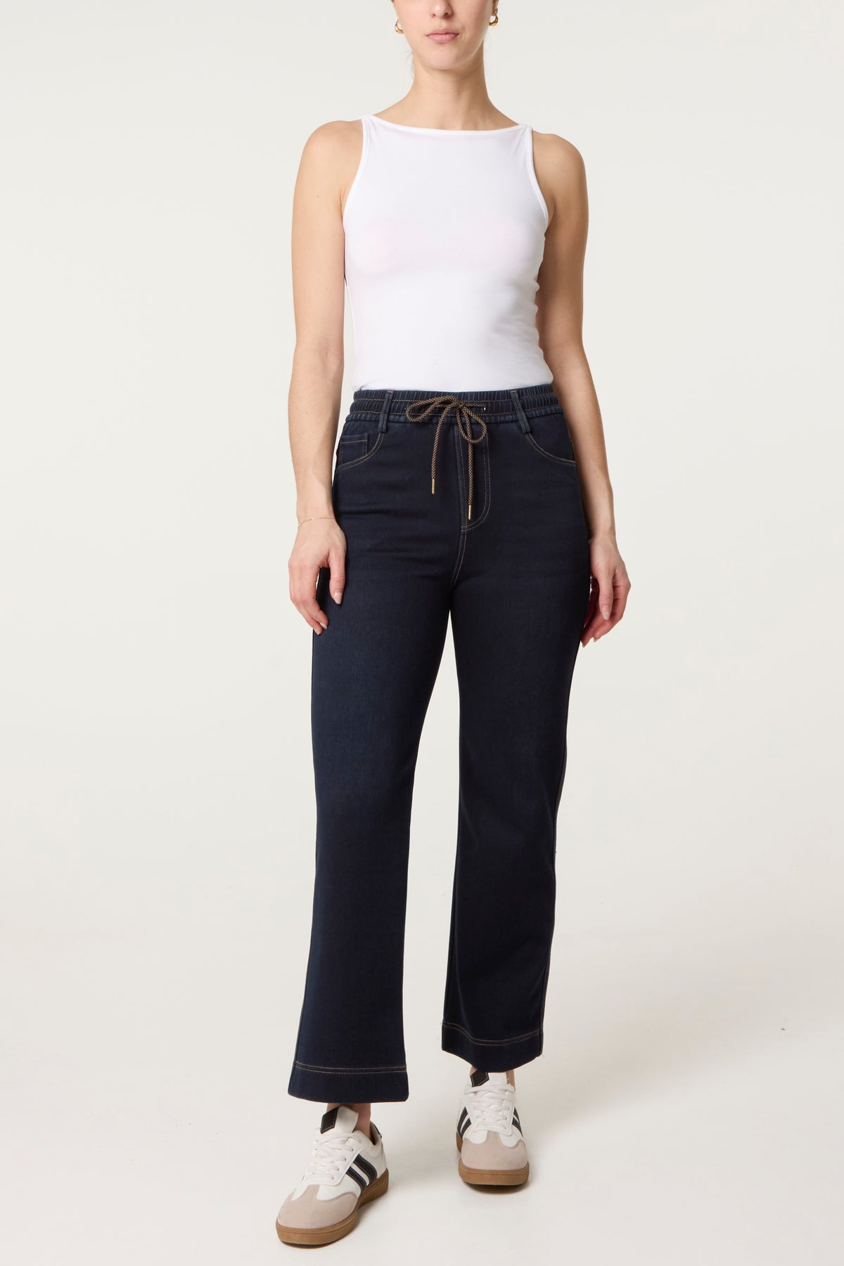 Elastic Waist Tie Front Jeans