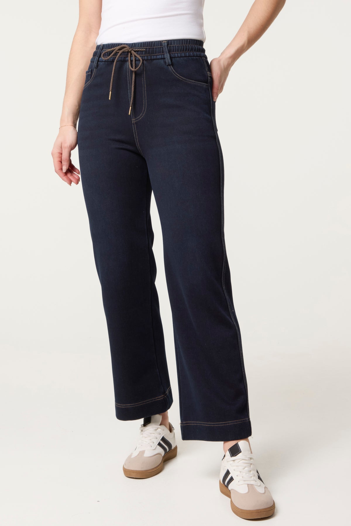 Elastic Waist Tie Front Jeans