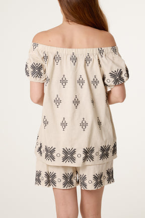 Boho Embroidered Tassel Bardot Top