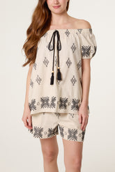 Boho Embroidered Tassel Bardot Top