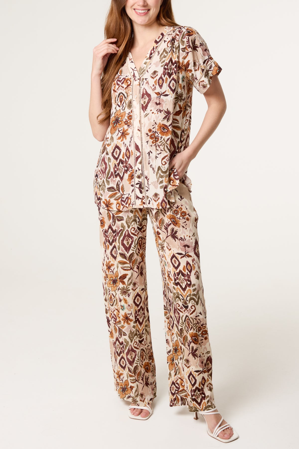 Abstract Floral Print V-Neck Shirt