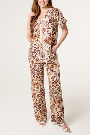 Abstract Floral Print V-Neck Shirt